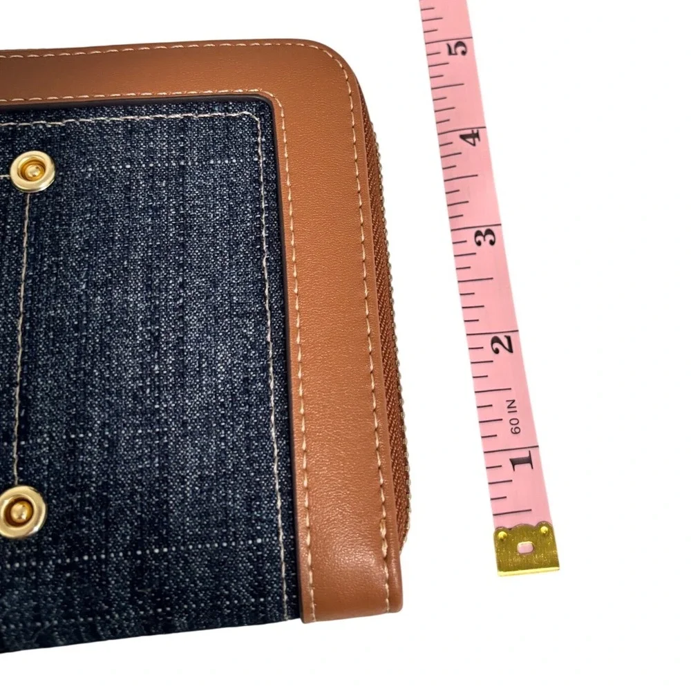 True Religion Denim Zip Around Wristlet Wallet Blue Brown Buddha Logo Patch